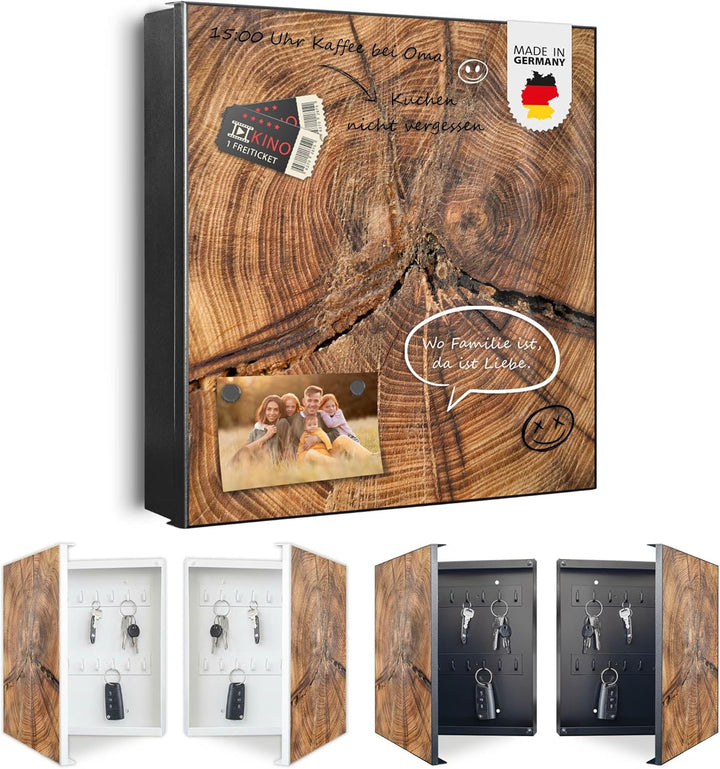 banjado® Grosser Schlüsselkasten Glas/Schlüsselbox 30cm x 30cm mit 50 Haken - Motiv Jahresringe/Schl