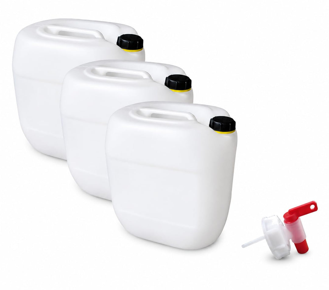 kanister-vertrieb® 3 Stück 30 L Kanister Wasserkanister Kunststoffkanister natur DIN61 + Hahn + Etik