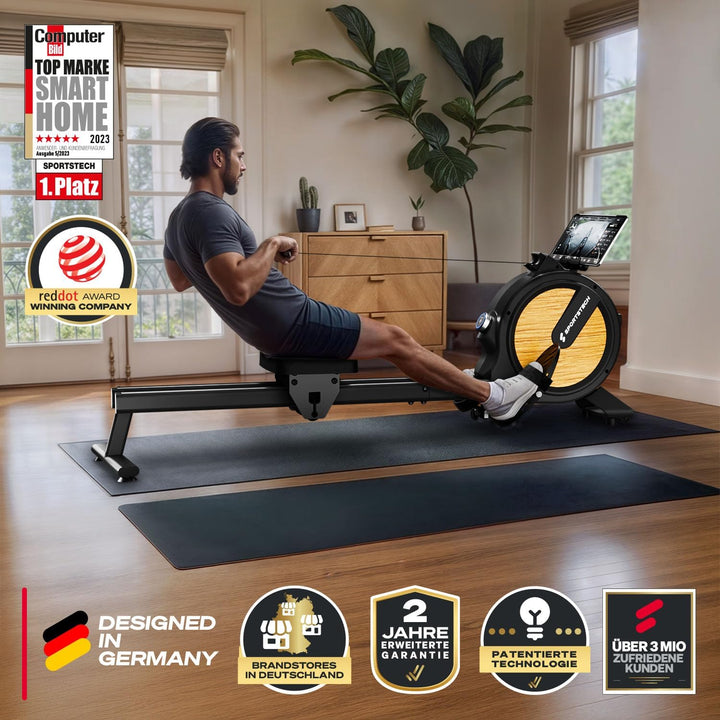 Rudergerät für Zuhause mit Wasser- oder Magnetwiderstand, LED-Display, Bluetooth App kompatibel, Dua