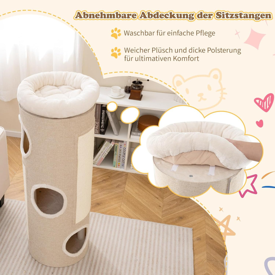 COSTWAY Kratztonne 4 Ebenen, 113 cm hoch, Katzentonne mit 3 Höhlen, 2 Sisal-Kratzbrettern, Plüschbet