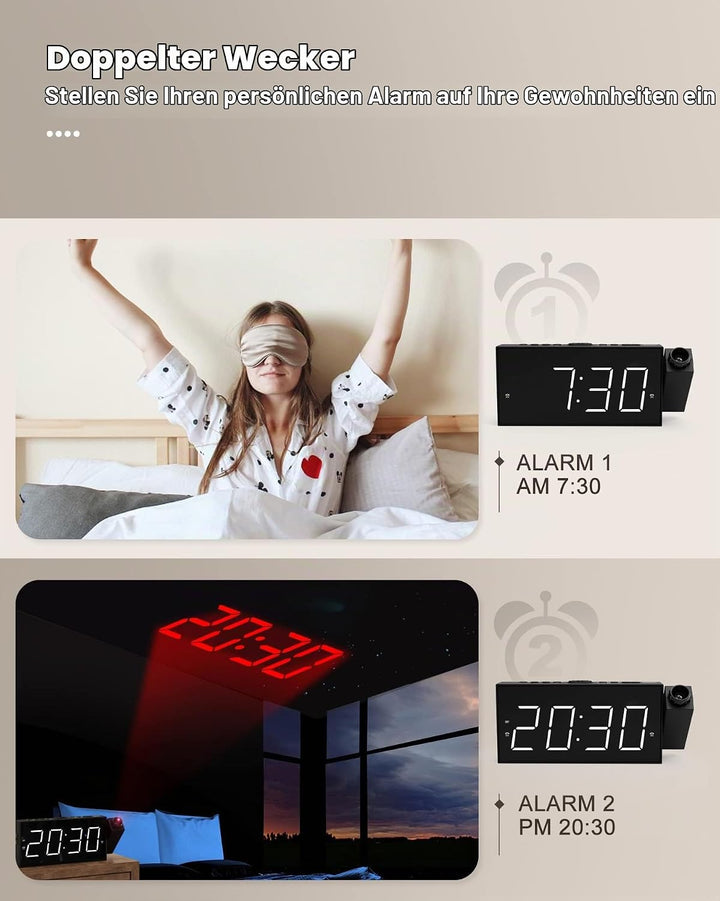 ROCAM Wecker mit Projektion für Schlafzimmer, LED Projektionswecker an der Decke mit USB Ladegerät,