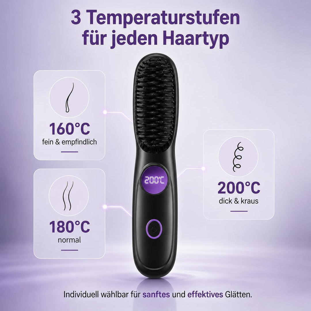 Glättbürste Kabellos, Stylingbürste für Kurze Haare mit LED Anzeige, 25s Keramikerwärmung Glättungsk