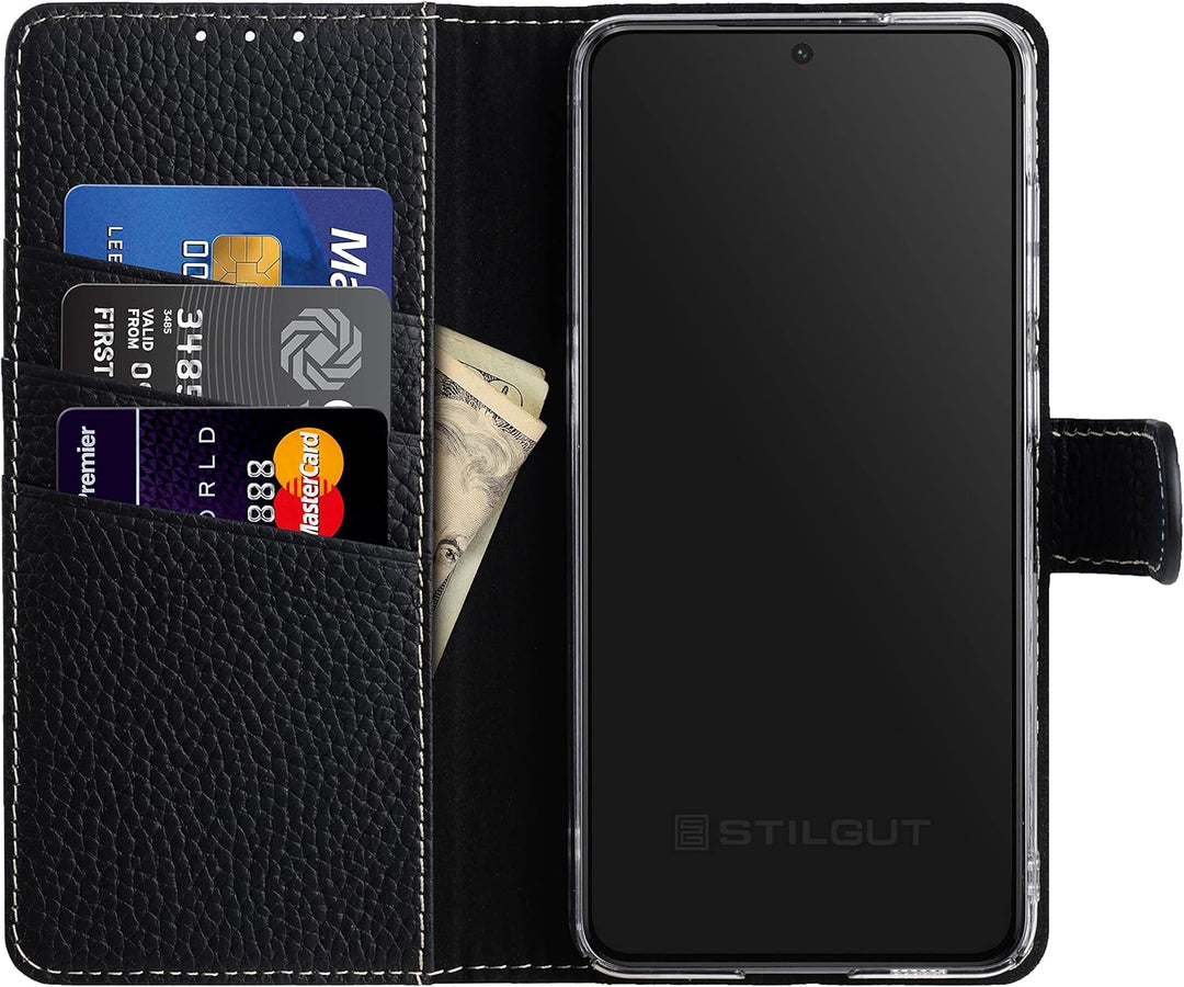 STILGUT Talis kompatibel mit Samsung Galaxy S21 FE 5G Hülle mit Kartenfach aus Leder, Wallet Case, L