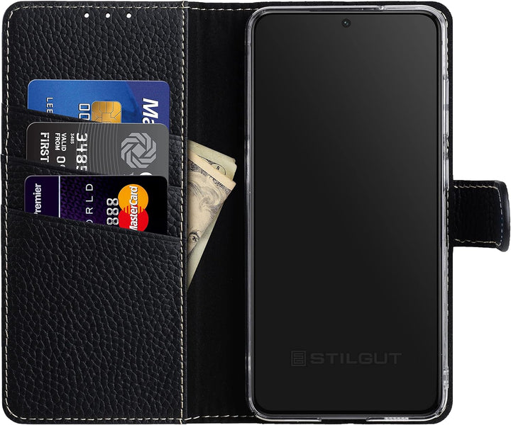 STILGUT Talis kompatibel mit Samsung Galaxy S21 FE 5G Hülle mit Kartenfach aus Leder, Wallet Case, L