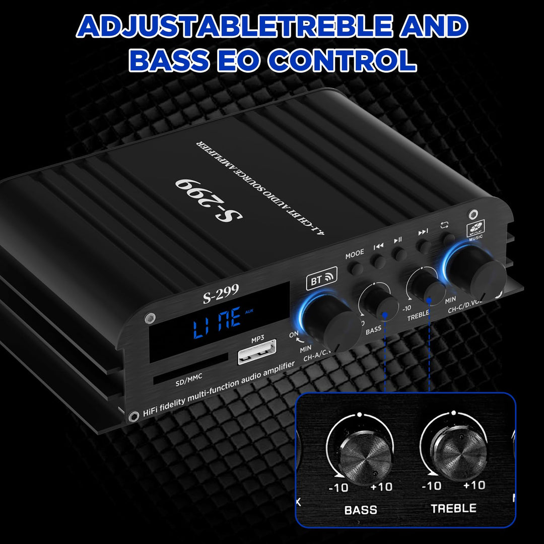 4.1-Kanal Verstärker, 1200W Mini HiFi Verstärker, Bluetooth 5.0 für Heimlautsprecher 40W x 4 + Activ