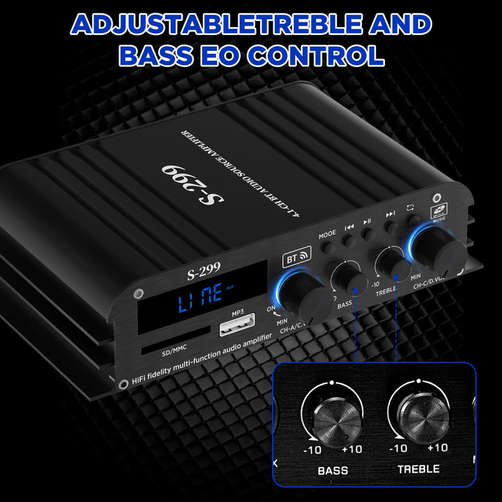 4.1-Kanal Verstärker, 1200W Mini HiFi Verstärker, Bluetooth 5.0 für Heimlautsprecher 40W x 4 + Activ