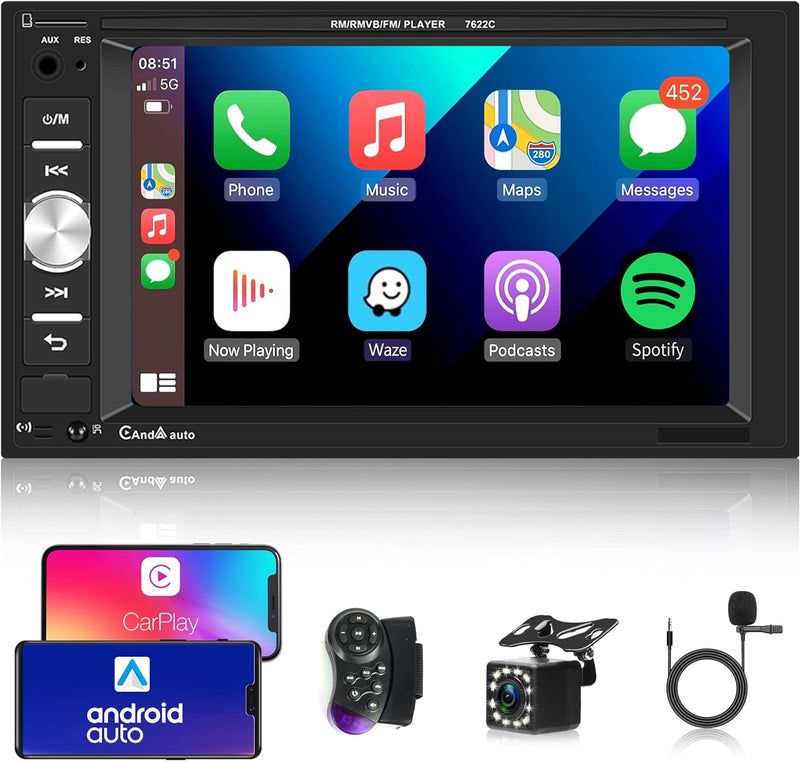 Apple Carplay Autoradio 2 Din mit Android Auto Bluetooth Freisprecheinrichtung 6.2 Zoll Touchscreen