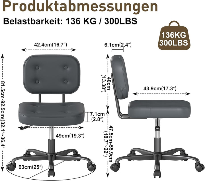 AnyGod Bürostuhl ohne Armlehne, höhenverstellbarer Drehstuhl mit Rollen, Schreibtischstuhl aus Kunst