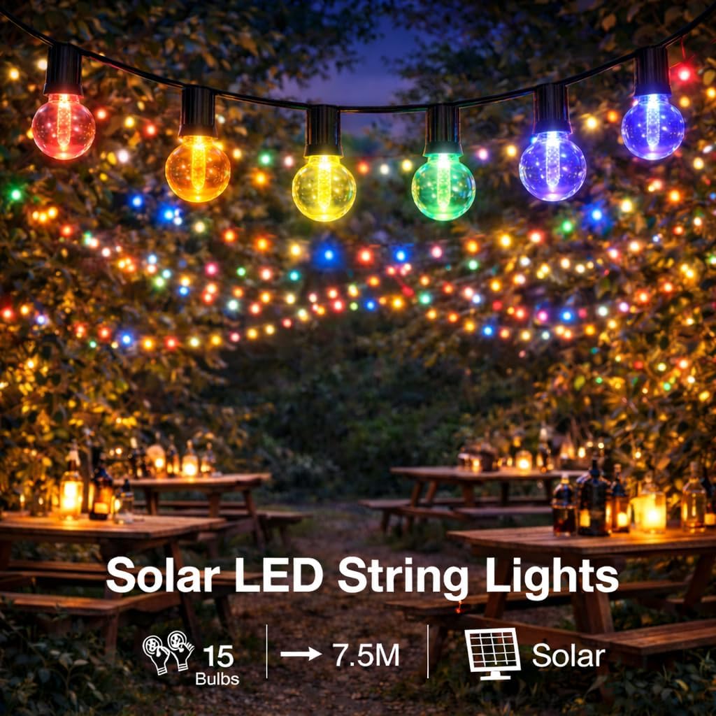 M mimotec Solar-LED-Lichterkette für den Aussenbereich, 7,5 m, RGB dimmbar, 15 Lampen, IP54 wasserdi