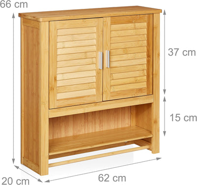 Relaxdays Hängeschrank LAMELL Bambus, mit Handtuchhalter, 3 Ablagen, 2 Türen, Badschrank, HBT: 66 x