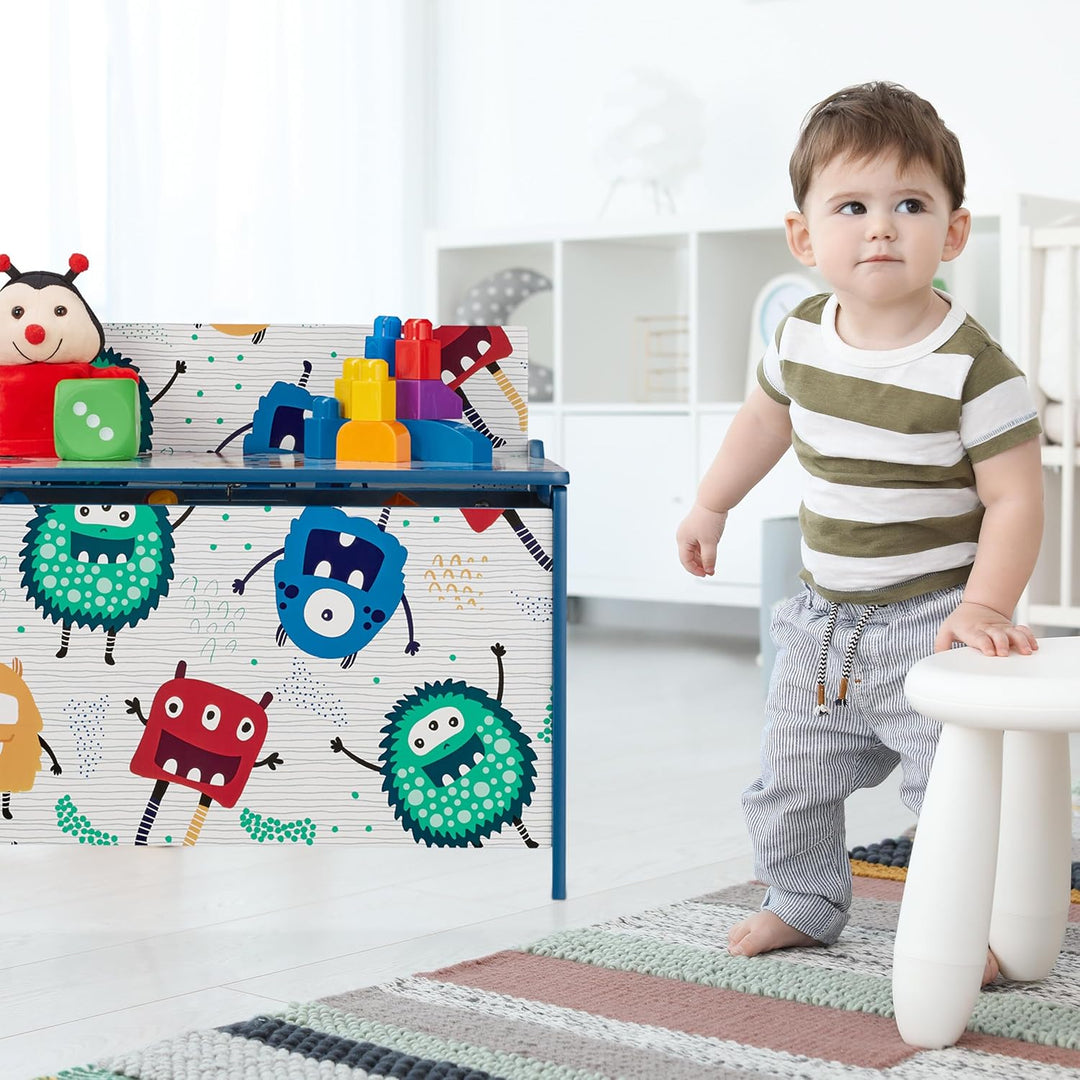 Relaxdays Spielzeugtruhe, Monster-Design, Spielzeugkiste mit Deckel, HBT: 50x60x36,5 cm, MDF, Spielz
