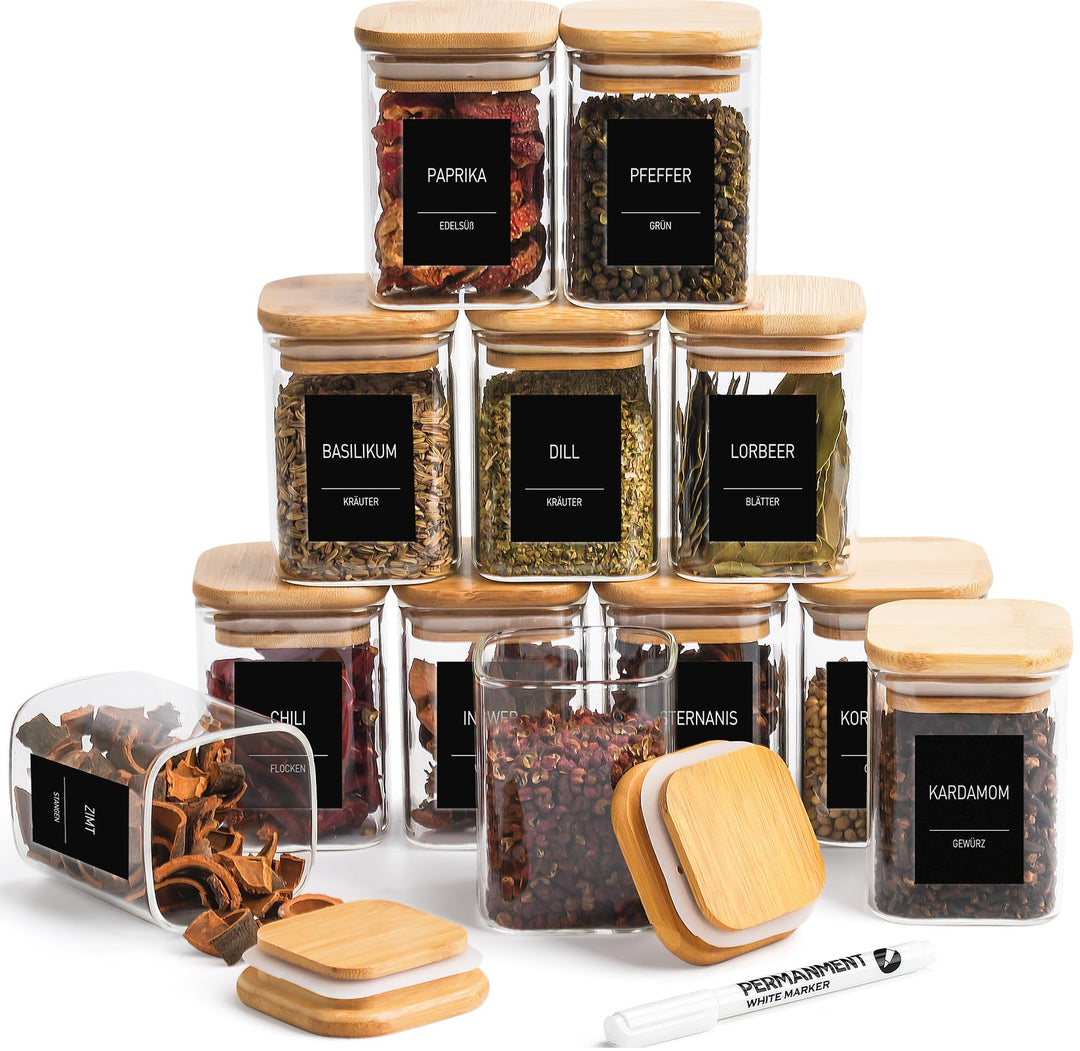 Happy Lemuro Gewürzgläser Eckig | 12er Set | Glas Vorratsdosen 180 ml, 279 Gewürzetiketten, Stift, H