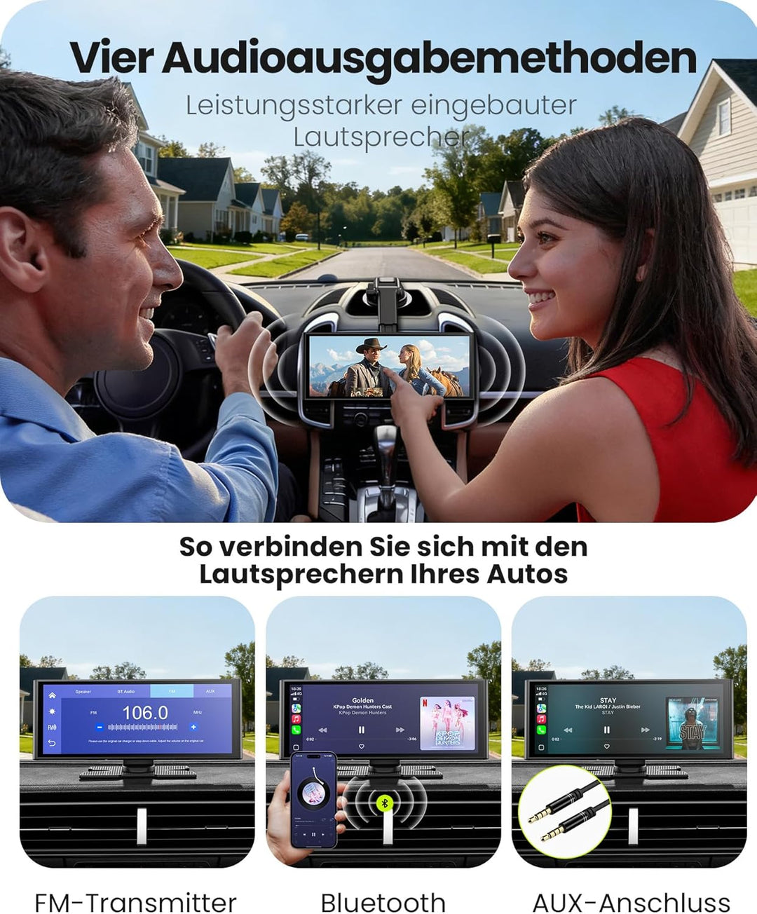 9,26" Wireless Car Play Display für Apple CarPlay & Android Auto – Tragbares Auto-Display mit Rückfa