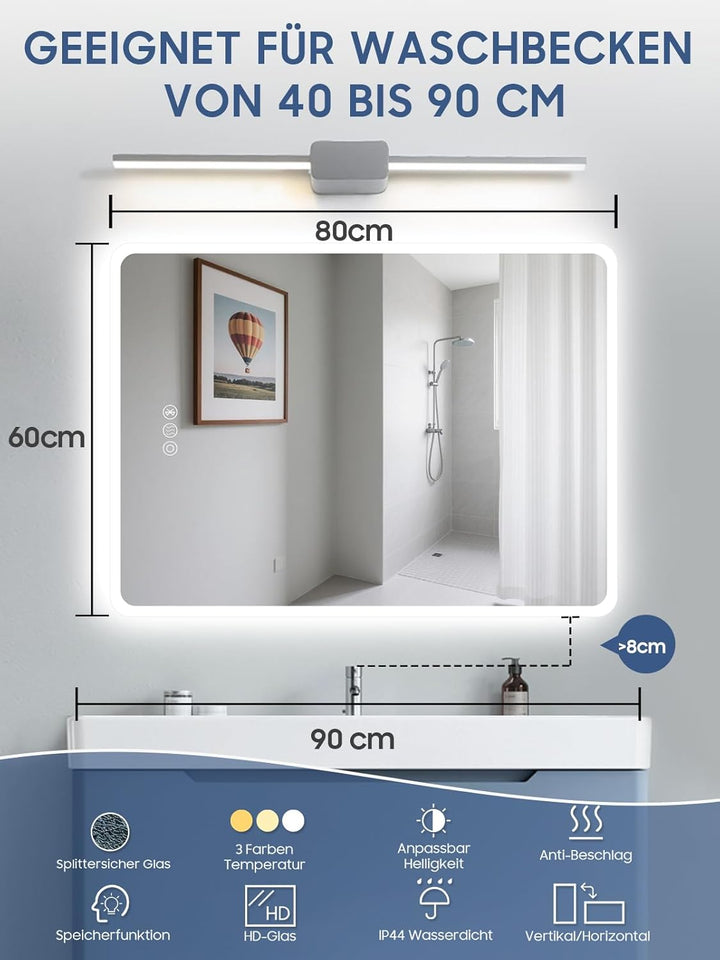 Badspiegel mit Beleuchtung,60x80cm LED Badezimmerspiegel Mit Licht und Bluetooth, Entfoggen, 3 Farbt
