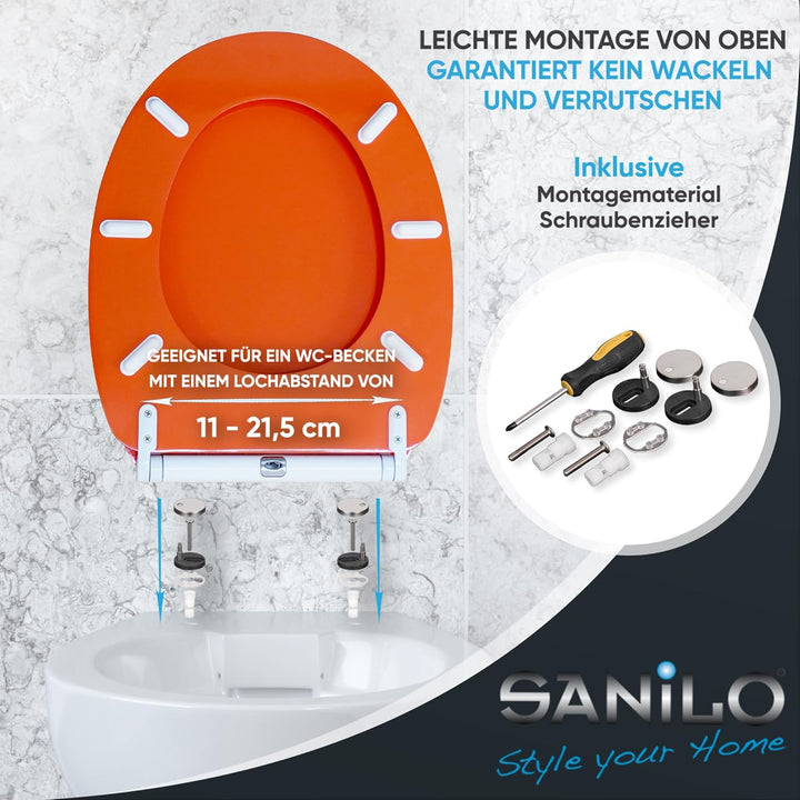 WC Sitz mit Absenkautomatik, hochwertige Oberfläche, einfache Montage, stabile Scharniere, Orange