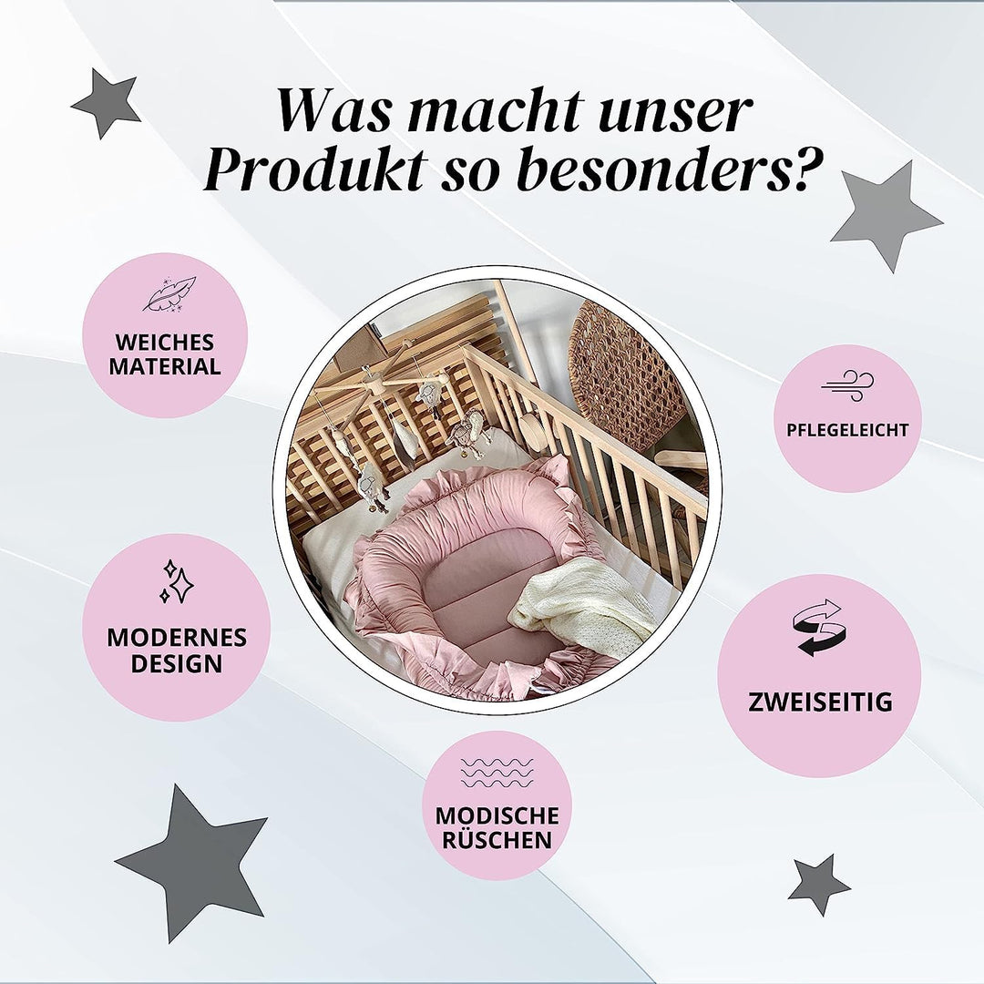 PIMKO Babynest mit rüschen Babynestchen für Baby Kuschelnest Babykokon für Säuglinge und Neugeborene