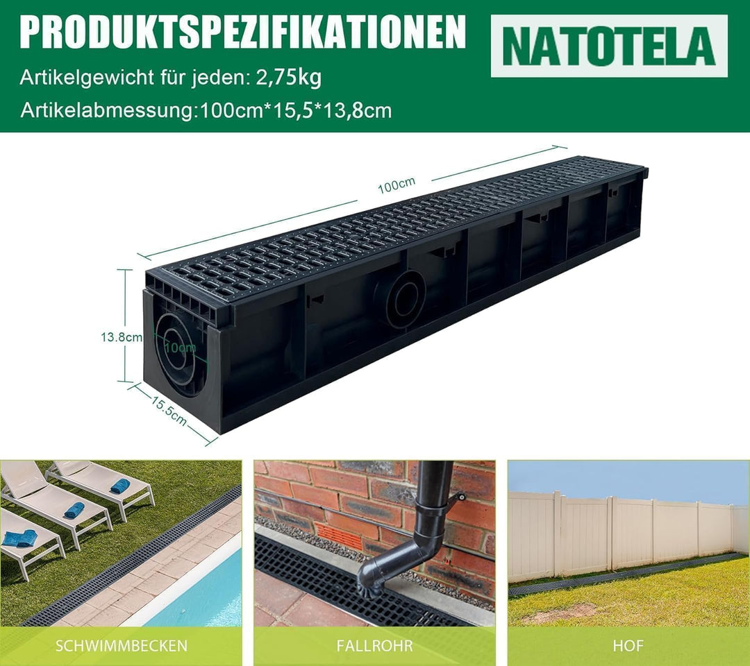 1m Entwässerungsrinne mit HDPE-Abdeckrost Bodenrinne Ablaufrinne Entwässerungssystem für Garten Terr