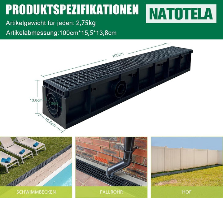 1m Entwässerungsrinne mit HDPE-Abdeckrost Bodenrinne Ablaufrinne Entwässerungssystem für Garten Terr