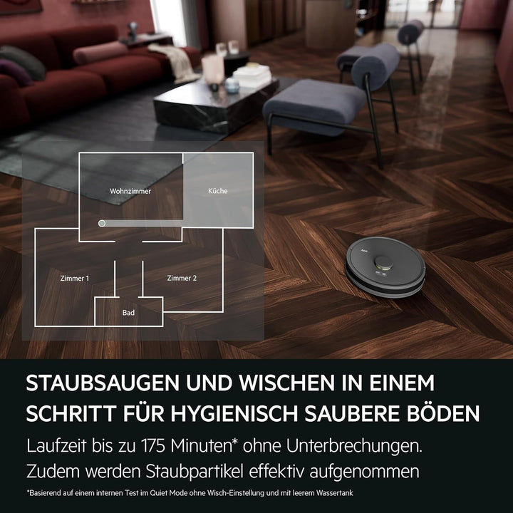 AEG Saugroboter mit Wischfunktion, WiFi, präzise LiDAR Navigation, Beutellos, Saugleistung 4000 Pa,