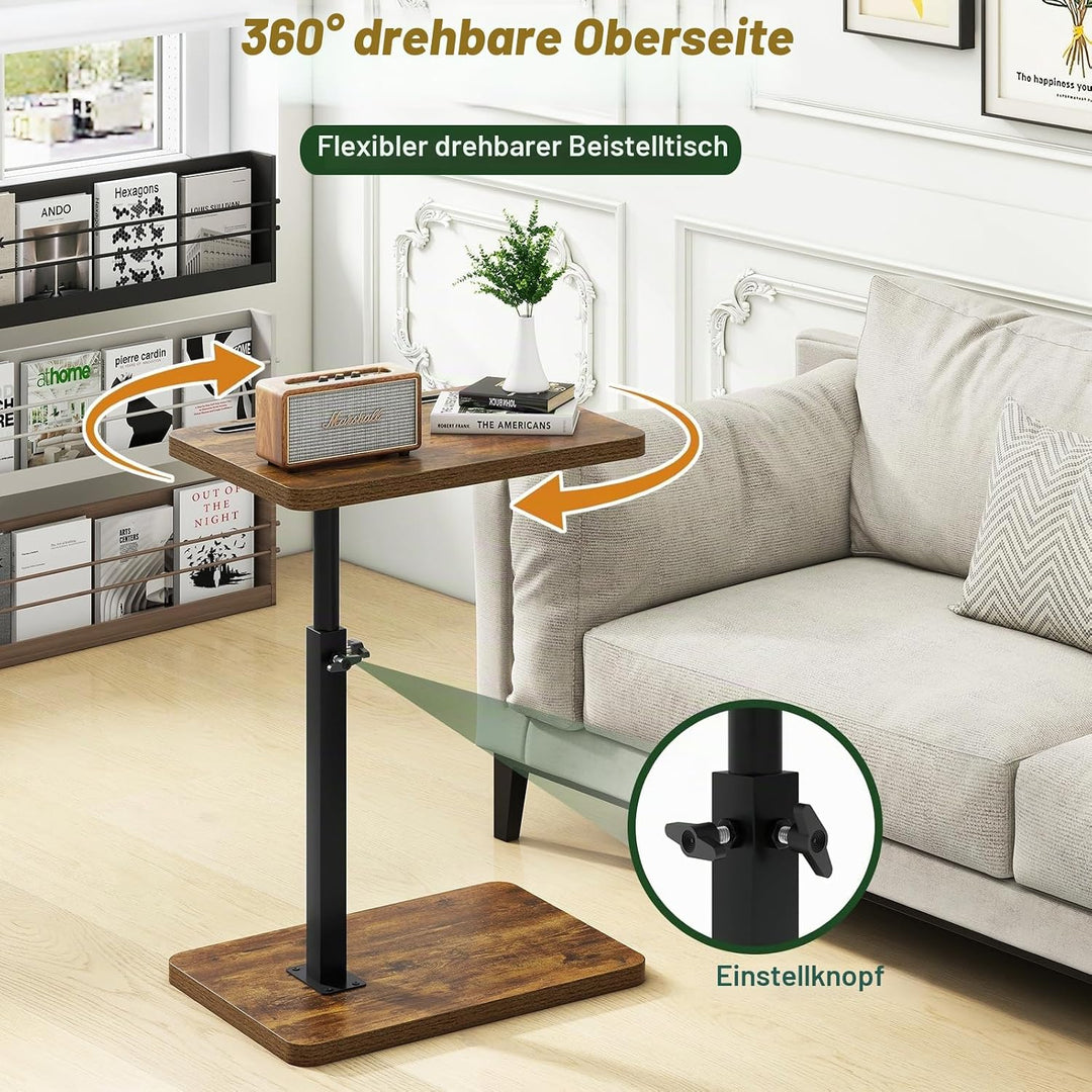 IBUYKE Beistelltisch C Form, 360° Rotierbarer und Höhenverstellbar Sofatisch, Couchtisch für schmale