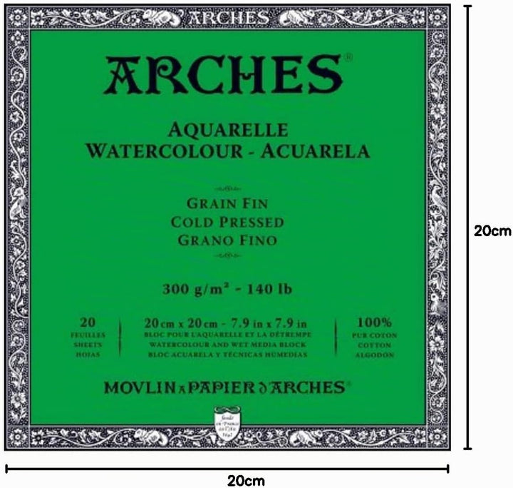 ARCHES Block Enc 4L 20x20 20H Aquarelle 100% fein 300g, Schwarz, 4