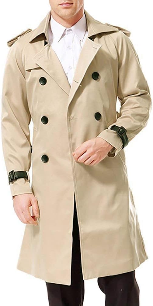 AOWOFS Herren Zweireihiger Trenchcoat mit Gürtel Revers Lang Mantel Business Jacke Frühling Übergang