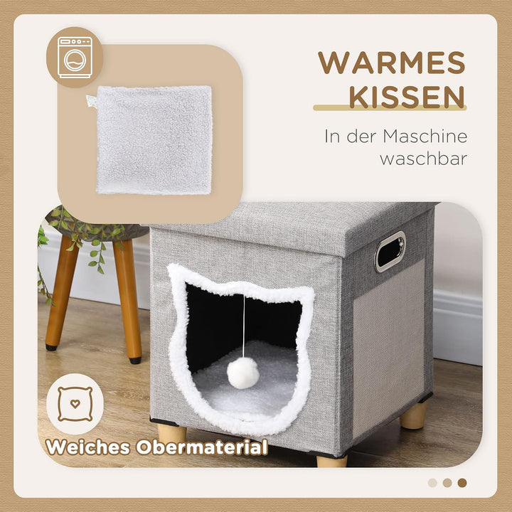 PawHut Katzenhöhle Katzenbett mit waschbarem Kissen, Kratzmatte, Spielball, Anti-Rutsch-Fussmatten K