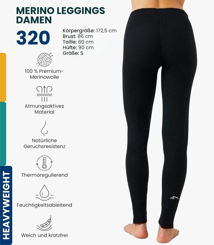 Merinowolle Thermounterwäsche Damen - Merino Unterhose Damen Merino Leggings + Wollsocken 320 Black