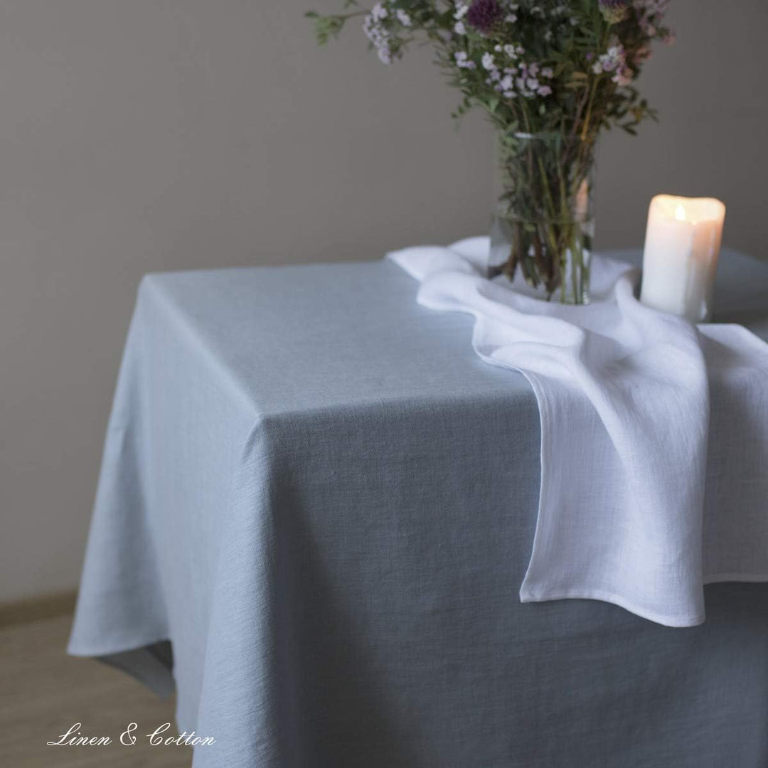 Linen &amp; Cotton Tischdecke Stoff Tischtuch Tischwäsche Hygge -100% Leinen, Hellblau/Blau (100 x 140 c
