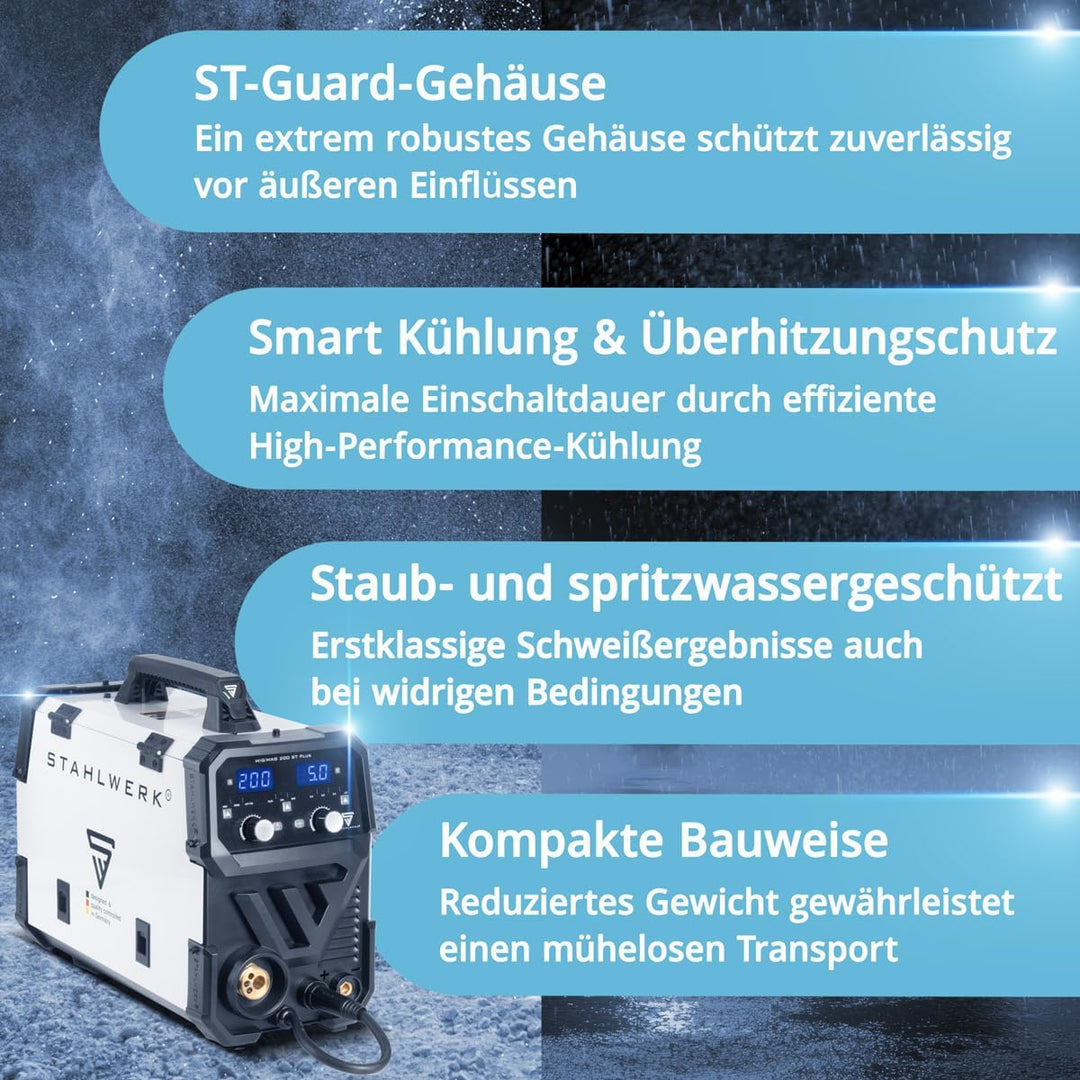 STAHLWERK Schutzgasschweissgerät MIG/MAG 200 ST – IGBT-Inverter mit 200 A und synergischem Drahtvors