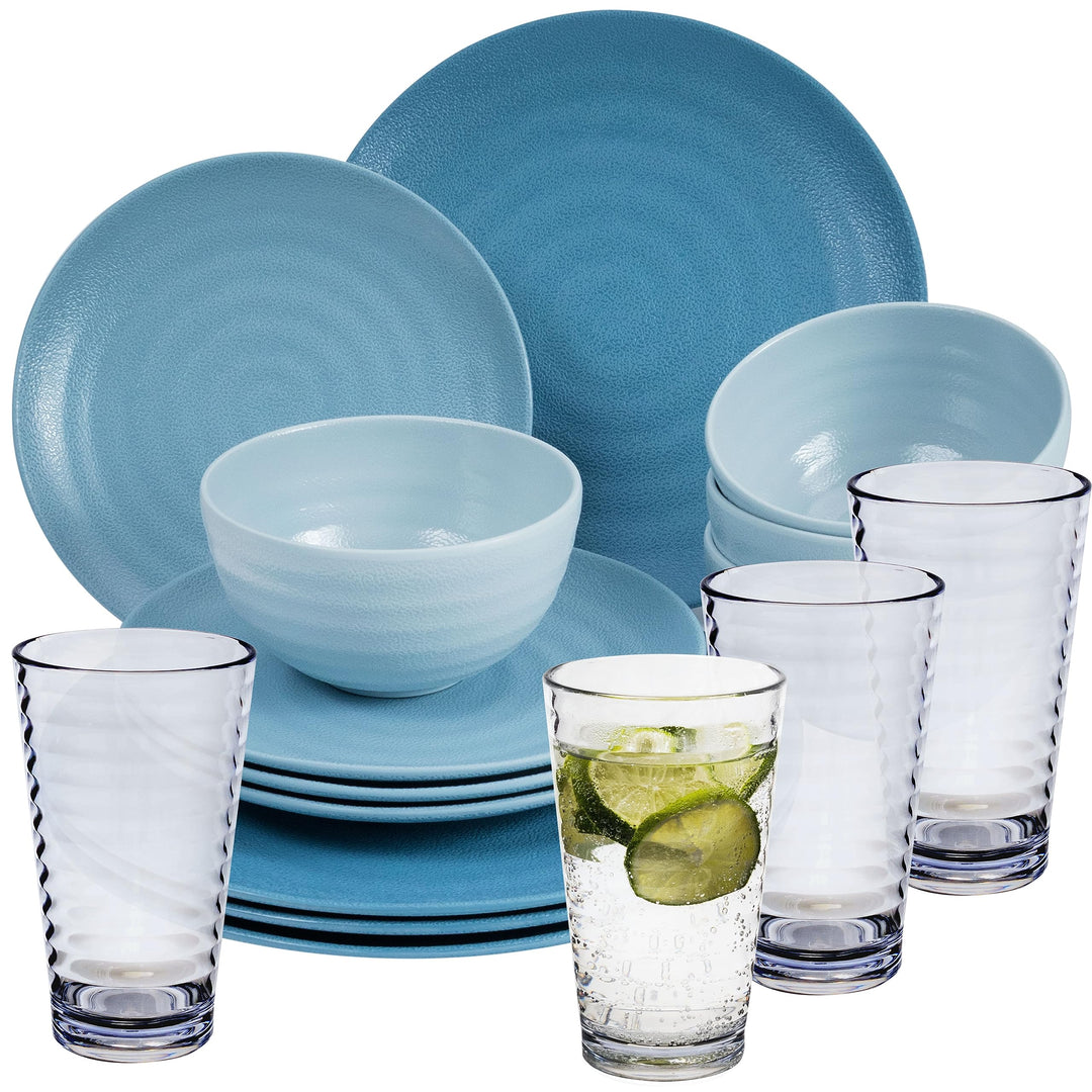 Melamin Geschirr Set 16 Teile elegante Steingut Optik in blau mit Wasserglas 400ml klar - für 4 Pers