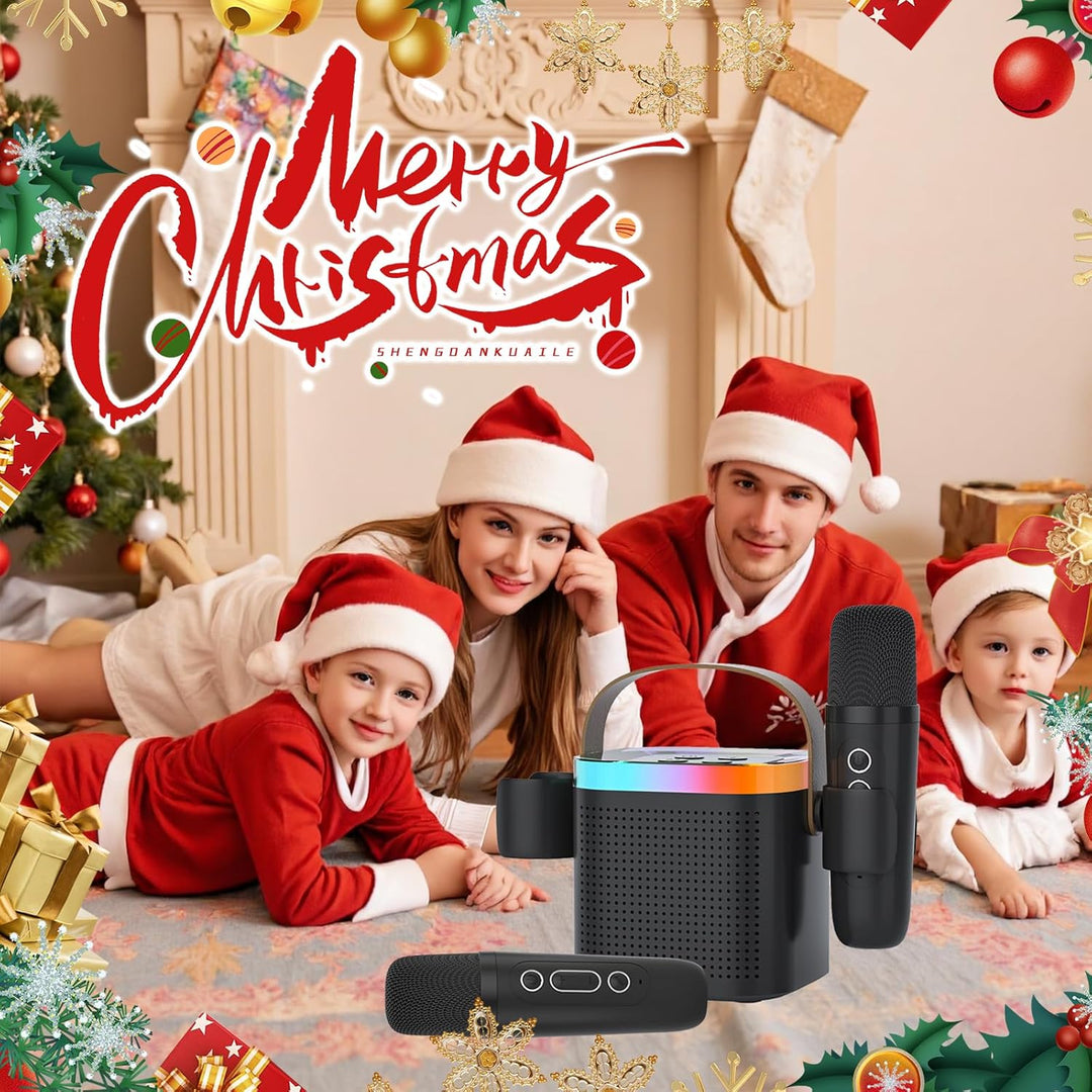 Mini Karaoke Maschine mit 2 Mikrofones, Kreative Musik Lautsprecher mit Mic Halter für Kinder Erwach