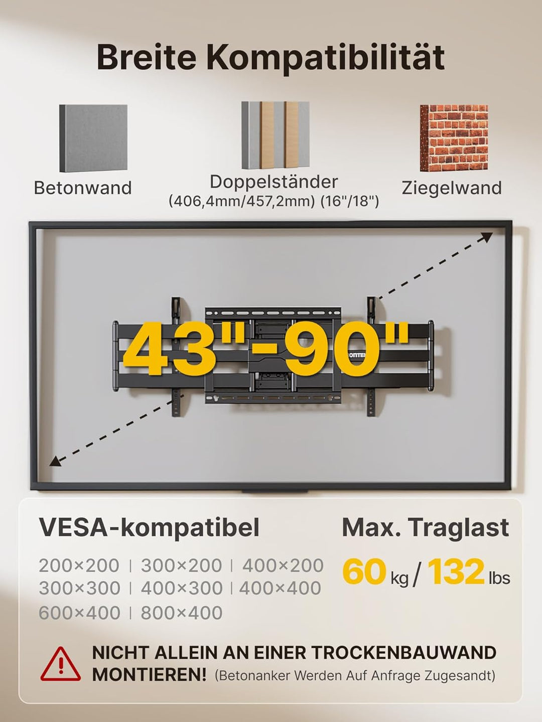monTEK Langarm 1080mm TV Wandhalterung für 43-90 Zoll Flach & Curved Monitor bis zu 60kg, Schwenkbar