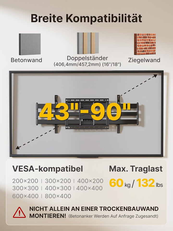 monTEK Langarm 1080mm TV Wandhalterung für 43-90 Zoll Flach & Curved Monitor bis zu 60kg, Schwenkbar