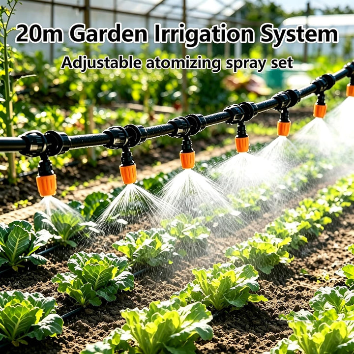 Bewässerungssystem Garten 20M, Sprühnebel Kühlung Terrasse mit 20 Düsen Wasserzerstäuber, Outdoor Ne