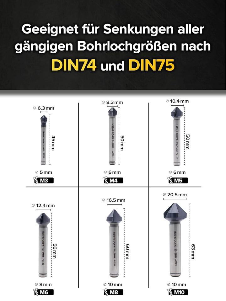 Kegelsenker Set AlTiN - Industrie Qualität - 90° Ø 6,3-20,5 mm - extra harter HSS E Co 5 mit Beschic