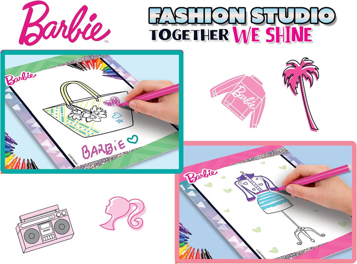 Lisciani - BARBIE - Skizzenbuch Set Wir Glänzen - Modestudio - Models zum Anziehen - Kreatives Spiel