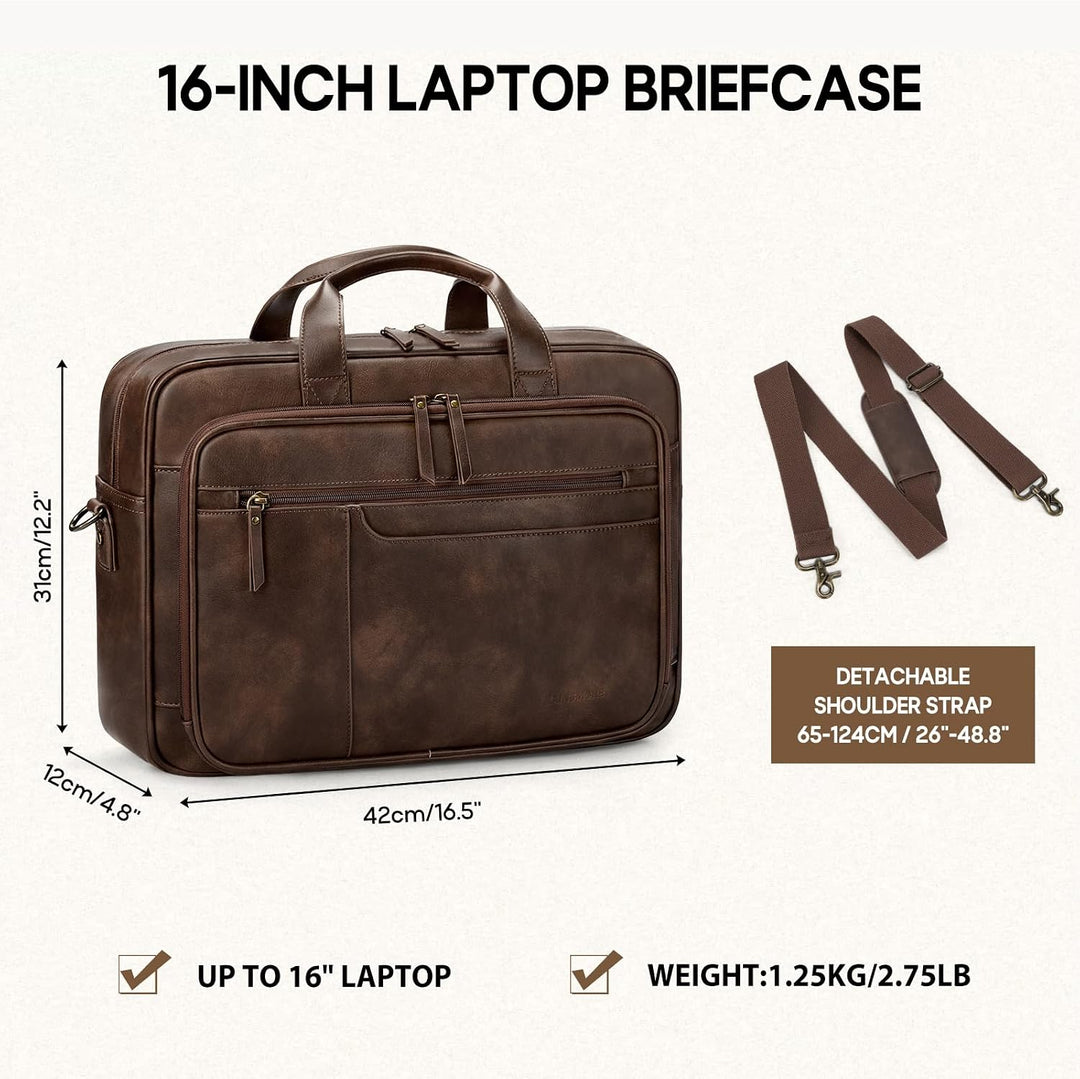 RAINSMORE Aktentasche Herren Vintage PU Leder 16 Zoll Laptoptasche | Arbeitstasche, Wasserdicht Lede