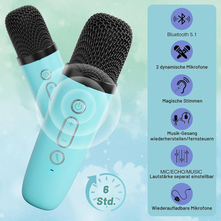 Mini-Karaoke-Maschine für Erwachsene, tragbarer Bluetooth-Lautsprecher mit 2 drahtlosen Mikrofonen f