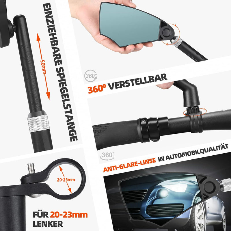 Fahrradspiegel für E-Bike - Fahrrad Rückspiegel Klappbar für Lenker 20-23mm, Fahrrad Spiegel Einzieh