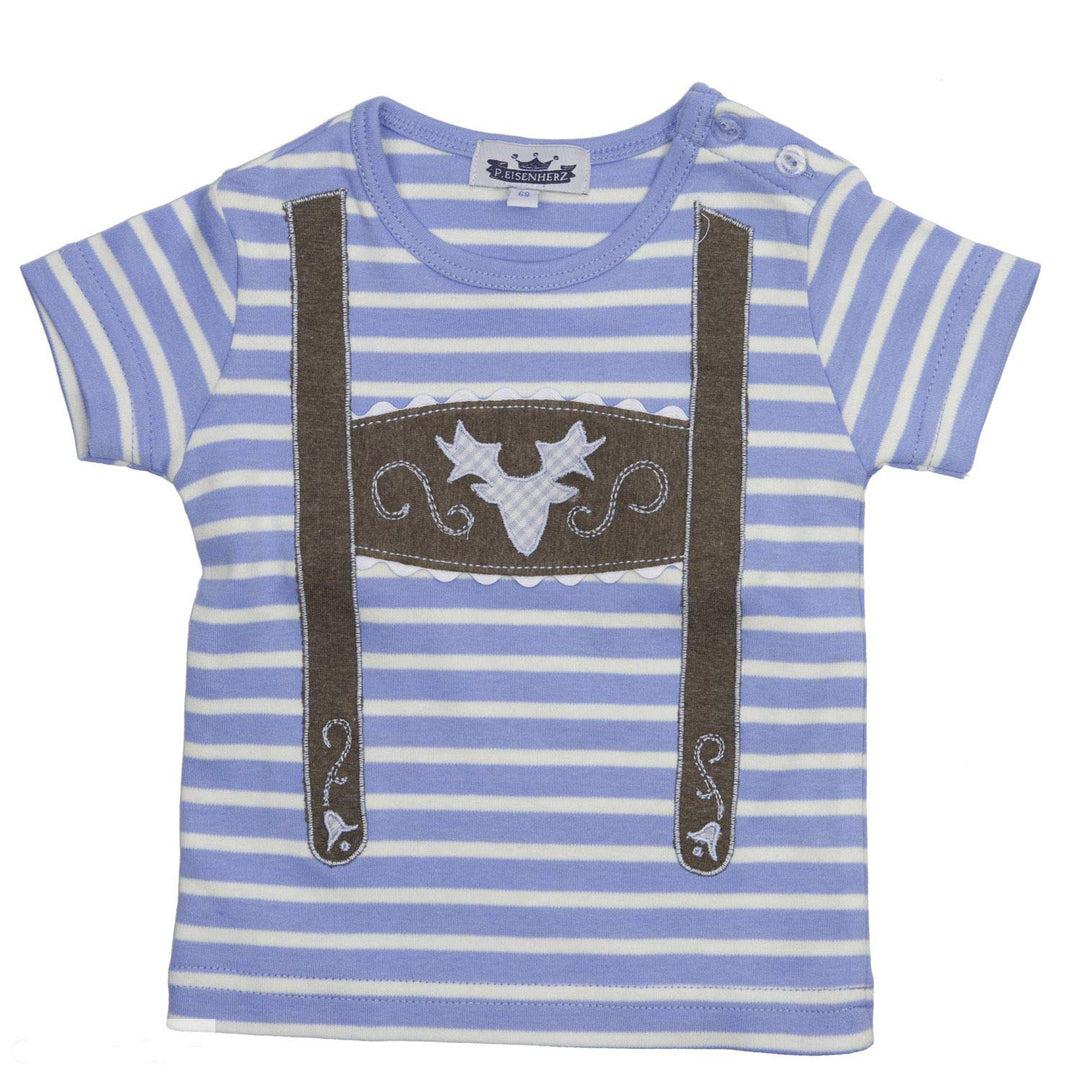 Baby Shirt Ringelshirt, hellblau/weiss gestreift mit Filzapplikation Hosenträger Geweih 74 Blau, 74