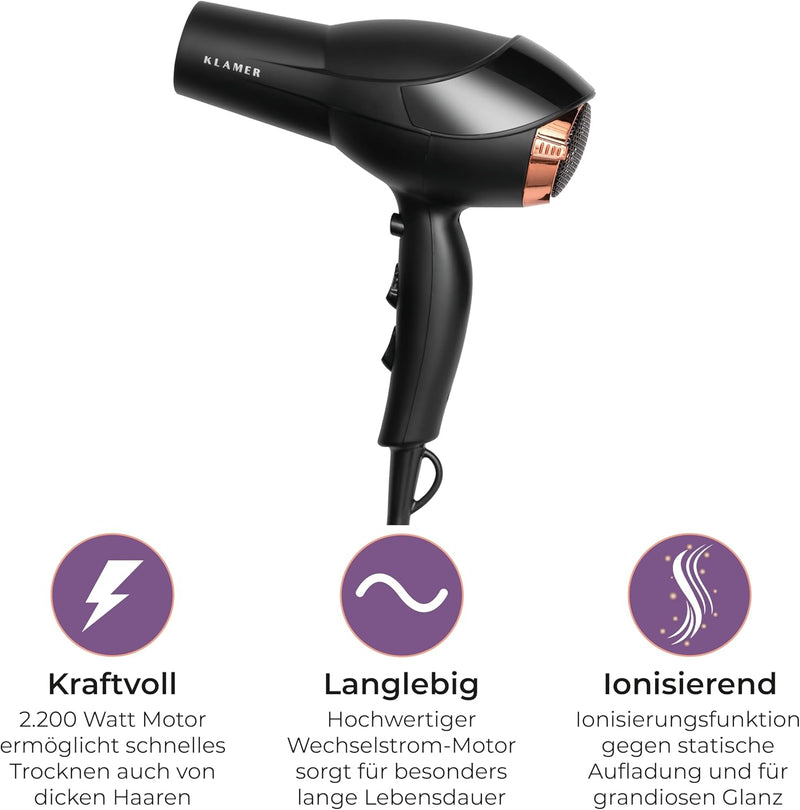 KLAMER Haartrockner 2200W, Ionen Haartrockner, Universal Anti Frizz Haar-föhn, 3 Heiz- & 2 Gebläsest