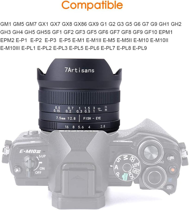 7artisans 7.5mm F2.8 II V2.0 Fisheye-Objektiv mit 190° Blickwinkel, für MFT-Kameras mit M4/3-Mount G
