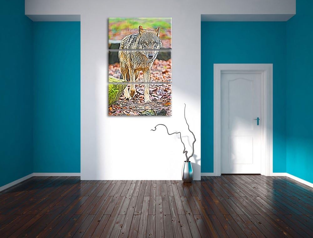 Wolf im Laubwald Spezial 3-Teiler Leinwandbild 120x80 Bild auf Leinwand, XXL riesige Bilder fertig g