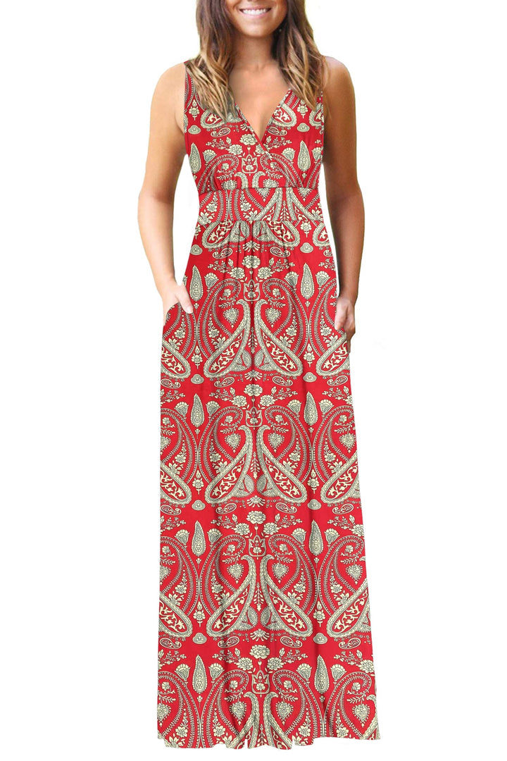 AUSELILY Maxikleid Damen Sommer ärmellos Kleid Lang Elegant tiefem V-Ausschnitt Abendkleid mit Tasch
