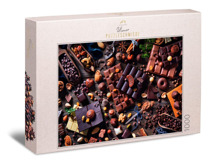 Ulmer Puzzleschmiede - Puzzle „Süsse Versuchung“ - Klassisches 1000 Teile Puzzle – Nüsse, Pralinen &
