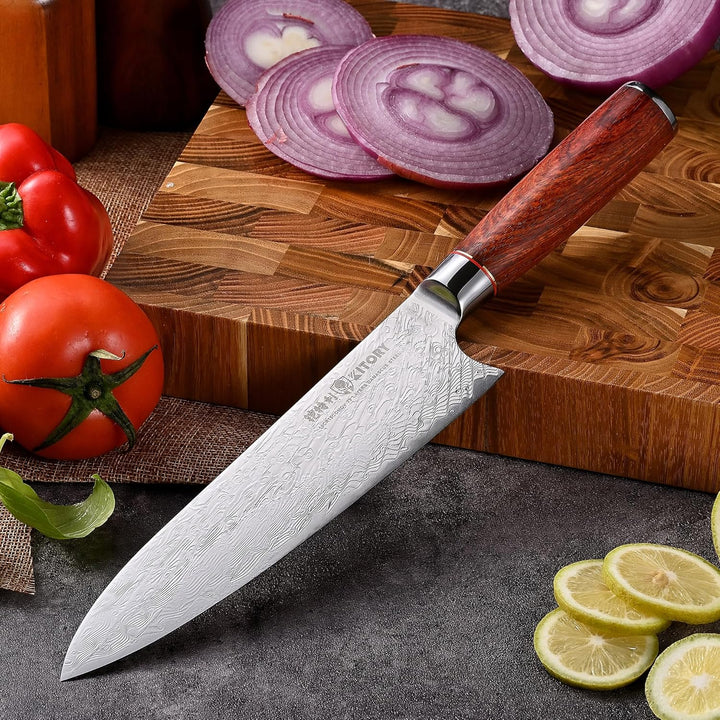Kitory Damastmesser 20cm Pro Kochmesser 73 Lagen Damaststahl Klinge 10Cr15CoMoV Stahl Küchenmesser m
