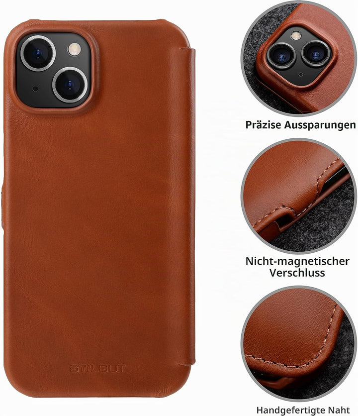 STILGUT Book Case kompatibel mit iPhone 14 (6.1“) Hülle aus Leder mit Clip-Verschluss, Klapphülle, H