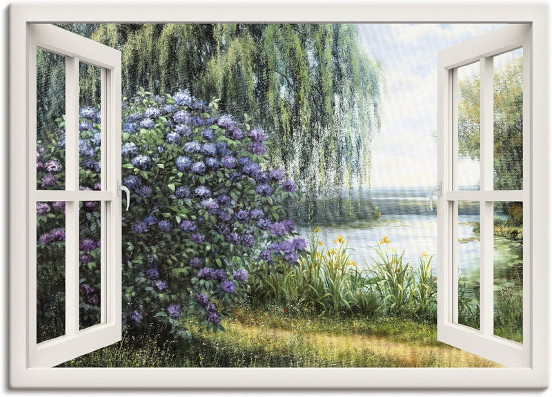 ARTland Leinwandbilder Wandbild Bild auf Leinwand 100x70 cm Landschaften Fensterblick J4WF Hortensie