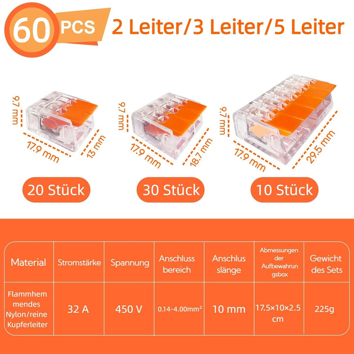 Kabelverbinder Kabelklemmen Elektro, 60 Stück Kabelverbinder 2-3-5 Leiter, Verbindungsklemmen Klemme